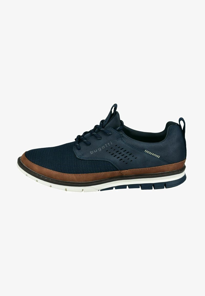 Navy mesh sneaker with brown leather accents, rounded toe, lace-up design, and white midsole. Features perforated side detail for breathability.
