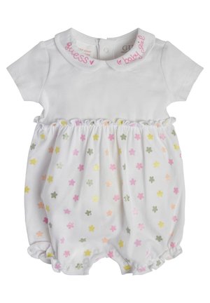 Biały niemowlęcy kombinezon z okrągłym kołnierzykiem i różowym napisem. Gorset ma marszczoną talię i nadruk z pastelowych kwiatów.