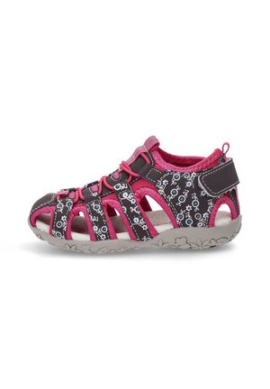 Sandalias para niños en gris y rosa. Las características incluyen múltiples correas, patrones florales, un interior acolchado y una suela de goma texturizada.