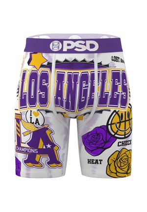 Herren-Boxershorts mit lila Bund, auf dem "PSD" steht, verziert mit dem Schriftzug "LOS ANGELES", Basketball, Rosen, Sternen und thematischen Grafiken zum Meisterschaftsthema.