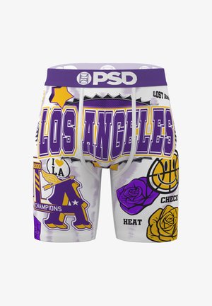 Men’s boxer briefs with purple waistband reading "PSD," decorated with "LOS ANGELES" text, basketball, roses, stars, and championship-themed graphics.