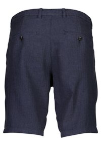 Námořnické modré šortky vyrobené z herringbone tkaniny, s dvěma zadními kapsami s černými knoflíky a přímým lemem. Vhodné pro volnočasové nošení.