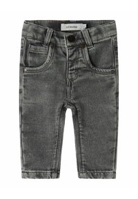 Sive traperice za bebe u slim fit kroju, s prednjim džepovima, vidljivim kopčanjem i suptilnim detaljima šivanja.