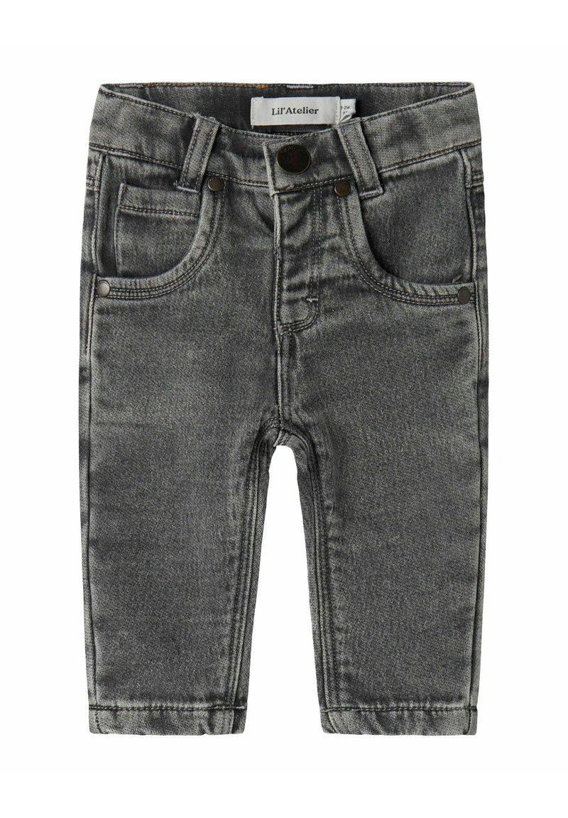Sive traperice za bebe u slim fit kroju, s prednjim džepovima, vidljivim kopčanjem i suptilnim detaljima šivanja.