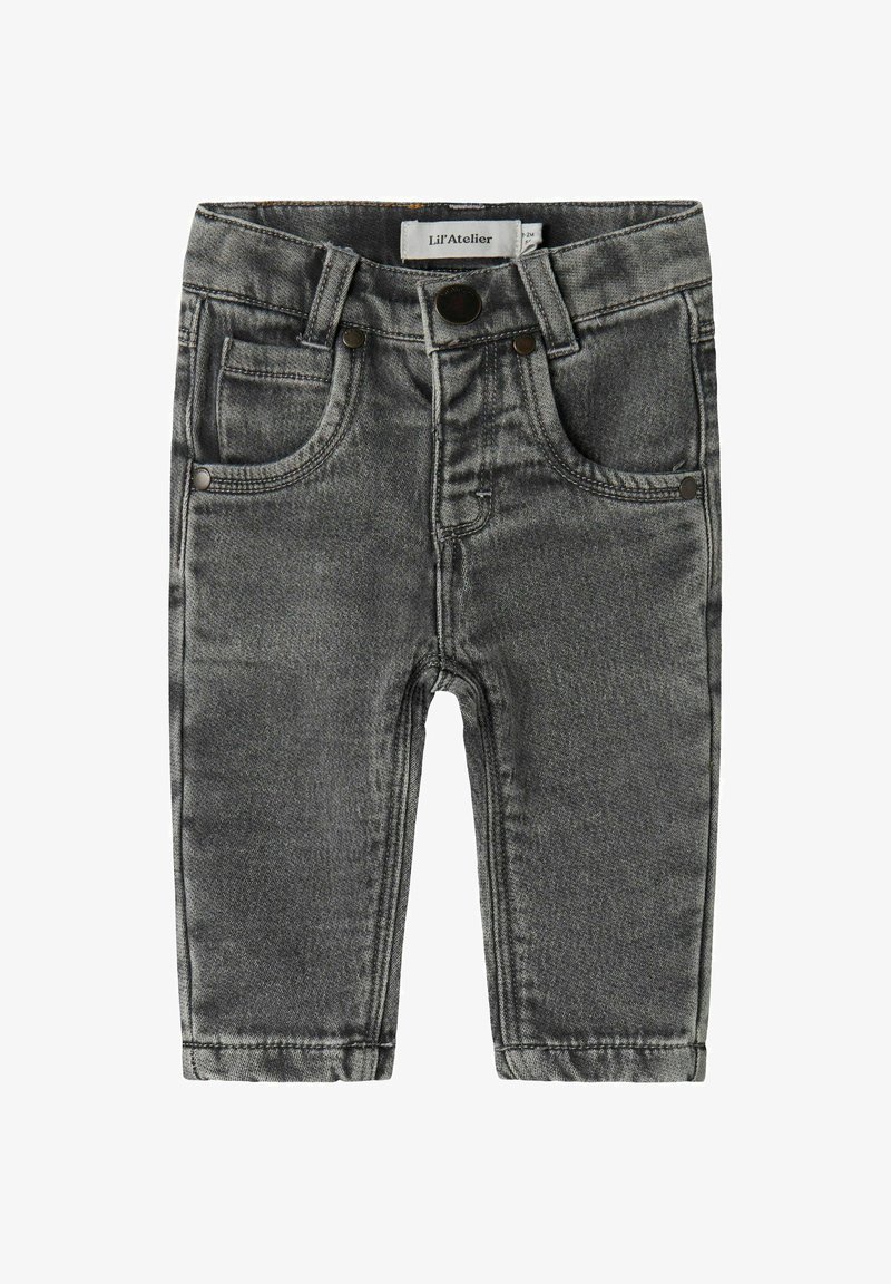 Vaqueros de bebé en denim gris con un corte ajustado, que cuentan con bolsillos frontales, un cierre de botón visible y sutiles detalles de costura.