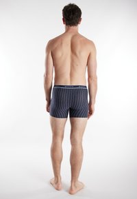 Navy striped boxer briefs with a soft waistband, featuring vertical lines in various colors. The fabric appears smooth and fitted.