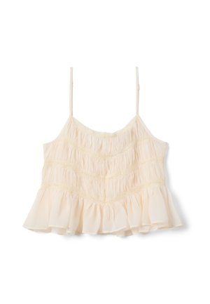 Ärmellose, cremefarbene, kurz geschnittene Bluse mit dünnen Trägern, gerafftem Saum und horizontalen, gerafften Details auf der Vorderseite.