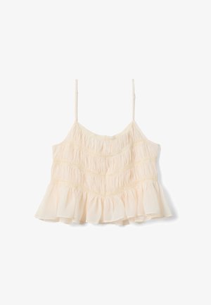 Mouwloze, crèmekleurige cropped blouse met dunne bandjes, een gerimpelde zoom en horizontale geplooide details aan de voorkant.