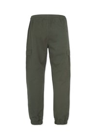 Olivgrüne Cargo-Hose mit einem elastischen Bund, Bündchen am Knöchel und Seitentaschen. Glatter Stoff, gerade Beinform und minimale Nähedetails.