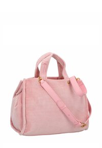 Borsa a tracolla in corduroy rosa chiaro con doppi manici superiori e tracolla regolabile, dotata di dettagli in metallo dorato.
