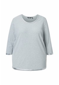 Hellgraues Langarmshirt mit Rundhalsausschnitt und dezentem silbernen Besatz an den Bündchen und dem Saum, auf weißem Hintergrund präsentiert.