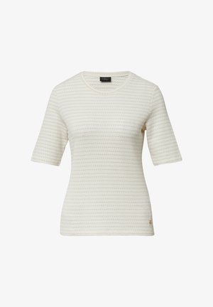 Camisa de manga corta color crema con un diseño texturizado y acanalado. Presenta un cuello redondo y un pequeño logo en el lado inferior.