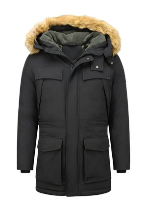 Zwarte winterparka met bontvoering in de kap, vier klepzakken aan de voorkant, ritssluiting en drukknopen, en een fleece voering.