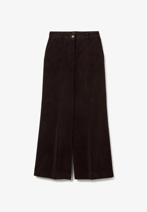 Bruine corduroy wijde broek met een knoopsluiting, riemlussen en twee voorzakken, met een zachte, gestructureerde oppervlakte.
