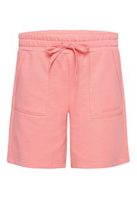 Shorts in cotone rosa chiaro con vita elasticizzata e cordoncino, dotati di due tasche laterali e dettaglio del logo sul davanti.