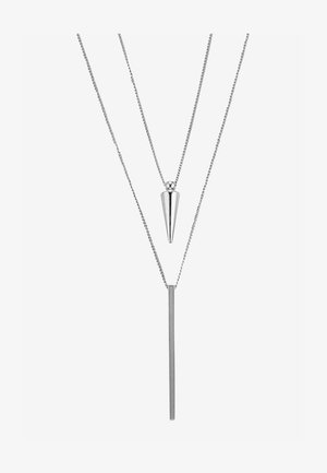 Strieborný prívesok na náhrdelníku s dvoma vrstvami; jedna sa vyznačuje kužeľovitým tvarom, druhá priamym prútikom. Ťažba má jemný, textúrovaný povrch.