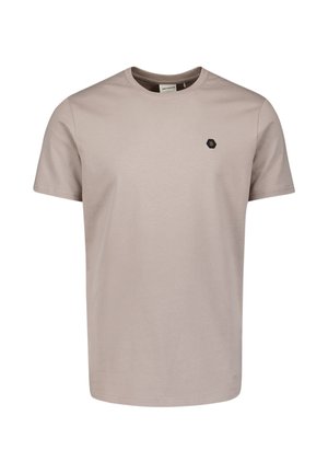 Beige T-shirt met korte mouwen, gemaakt van katoen, voorzien van een klein zwart zeshoekig logo op de borst. Zachte textuur met een klassieke pasvorm.