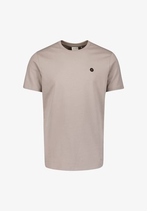 Beige T-shirt met korte mouwen, gemaakt van katoen, voorzien van een klein zwart zeshoekig logo op de borst. Zachte textuur met een klassieke pasvorm.