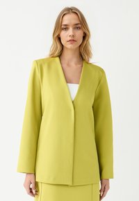 Limoengroene op maat gemaakte blazer, enkelzijdig, met een diepe V-halslijn en lange mouwen, gemaakt van zachte stof, met een minimalistisch ontwerp.