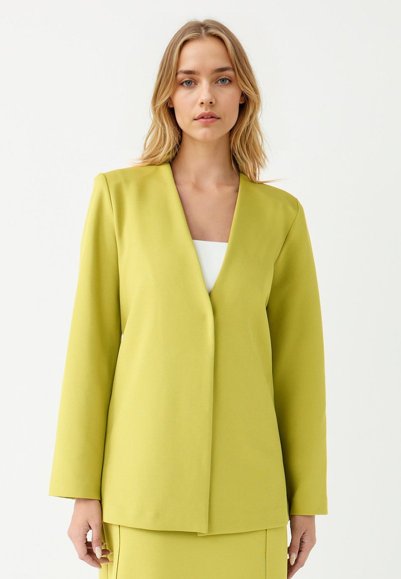 Limoengroene op maat gemaakte blazer, enkelzijdig, met een diepe V-halslijn en lange mouwen, gemaakt van zachte stof, met een minimalistisch ontwerp.