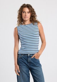 Blue and white striped sleeveless top with a ribbed texture, round neckline, and fitted design, paired with loose denim jeans.
