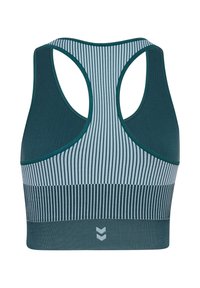 Teal en lichtblauwe gestreepte sportbeha met een racerback ontwerp, textuurstof en een stevige band aan de onderkant met logodetail.
