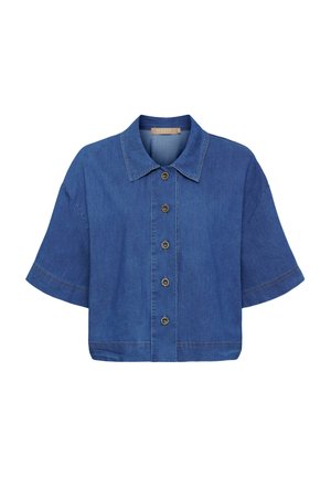 Blå cropped denimskjorte med korte ærmer, spids krave og fem knapper ned foran.