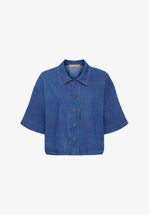 Blå cropped denimskjorte med korte ærmer, spids krave og fem knapper ned foran.