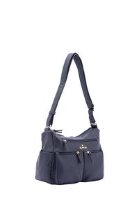 Borsa a spalla in pelle blu navy con una forma strutturata, numerosi scomparti con zip, hardware in tonalità oro e una finitura testurizzata.