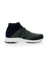 Green and black textured sneaker with knit upper, high collar, and elastic laces. Features a white midsole and black rubber outsole.