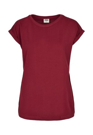 T-shirt bordeaux à manches courtes en coton doux. Encolure ronde classique avec manches retroussées et coupe décontractée. Texture lisse, sans motifs.
