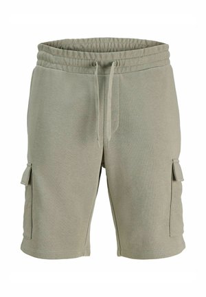 Svetlo olivno zelene priložnostne kratke hlače z elastičnim pasom, vrvico za zategovanje in zložnimi žepi na obeh straneh.