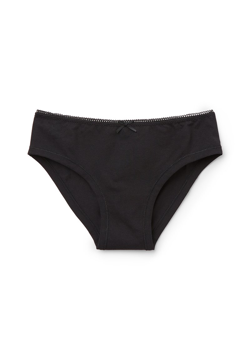 Černé bavlněné bikini kalhotky s hladkým povrchem, zdobené mašlí na přední straně a jemnou krajkovou lemovkou podél pasu.