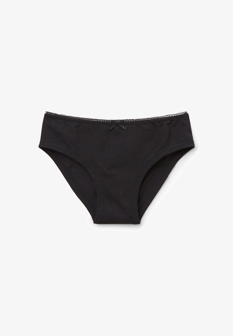 Černé bavlněné bikini kalhotky s hladkým povrchem, zdobené mašlí na přední straně a jemnou krajkovou lemovkou podél pasu.