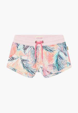 Bunt gemusterte Shorts mit Palmenblättern in Pastellfarben, ausgestattet mit einem pinken elastischen Bund, Kordelzug und Logo-Detail auf der Vorderseite.