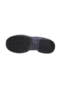Suola di scarpa in gomma nera con motivi di battistrada profondi e superfici testurizzate, caratterizzata da una forma curva e un tallone rinforzato per una maggiore durata.