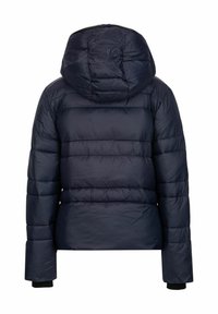 Navy pufferjack met capuchon, met gestikte secties, een gladde afwerking en elastische boorden. Het ontwerp is lichtgewicht en gewatteerd.