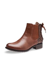 Bottines en cuir marron avec un petit talon, panneaux latéraux élastiques et un accent texturé et scintillant à l'arrière. Présente un détail en ruban.