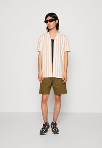 Lyhythihainen raidallinen pusero vaaleanbeige- ja valkoisena, yhdistettynä oliivinvihreisiin cargo-shorteihin ja monivärisiin lenkkareihin. Asusteet sisältävät mustat aurinkolasit.