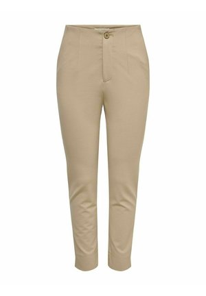 Beige slim-fit broek tot aan de enkel met knoop- en ritsluiting, voorsneden en omgeslagen zomen.
