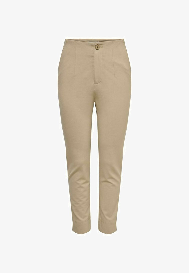 Pantalon beige slim court à la cheville avec fermeture à bouton et zip, coutures devant, et ourlets revers.