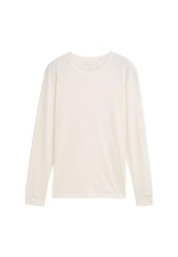 Einfache, handschuhartige, lange Oberteil mit Rundhalsausschnitt in Off-White mit einem lässigen Schnitt und gerippten Bündchen, auf weißem Hintergrund präsentiert.
