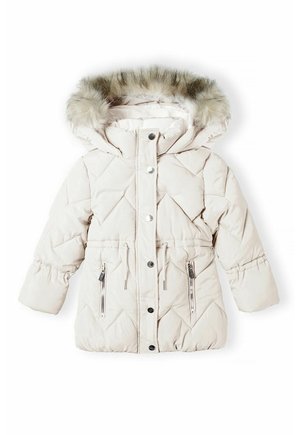 Kremfarvet quiltet vinterjakke med pelsforet hætte, frontknapper med tryk, lynlåslommer og elastisk taljesnører til børn.