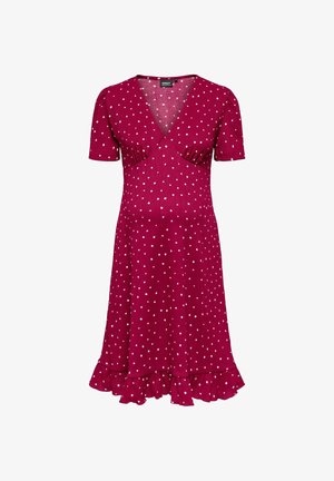 Fuchsia šaty s krátkymi rukávmi, so zavinovacím dizajnom, bielymi bodkami a volánikovým lemom. Vyrobené z mäkkej, textúrovanej látky.