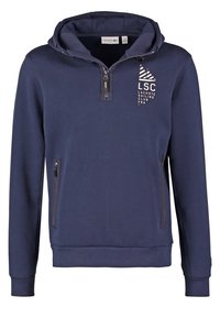 Sweat à capuche Lacoste bleu marine avec zip quart, deux poches latérales zippées et logo blanc Lacoste Sailing Club sur la poitrine.