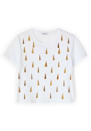 Biały krótki crop top z okrągłym dekoltem, ozdobiony rozsianymi błyszczącymi złotymi aplikacjami w kształcie łez.