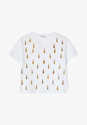 Biały krótki crop top z okrągłym dekoltem, ozdobiony rozsianymi błyszczącymi złotymi aplikacjami w kształcie łez.