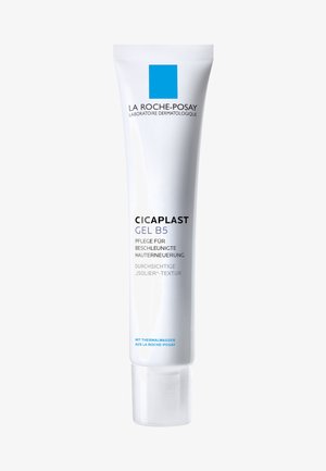 La Roche-Posay Cicaplast Gel B5 in a white tube. Features a see-through texture, blue accent, and a flip-top cap. Contains thermal water.