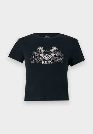 Zwart cropped T-shirt met wit tropisch bloemen- en palmboomdesign en de tekst "ROXY" in het midden van de borst.