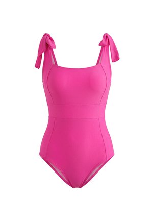 Costume intero rosa acceso con scollo quadrato e spalline annodate, con dettaglio di cucitura in vita e fianchi.